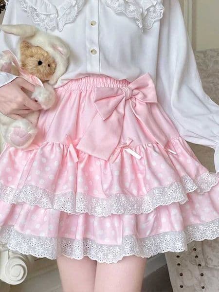 Zoki Kawaii Bow Cake Skirt Women High Waist Cute Dot Sweet Mini Skirts Fashion Casual Japan Female Solid Summer A Line Skirt New L260518