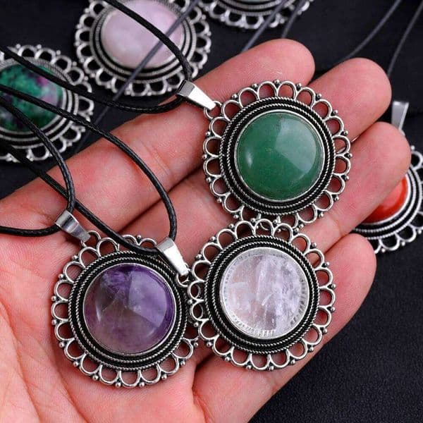 Lace Agate Vintage Style Round Pendant Handmade Gemstone Crystal Stone Necklace for Women