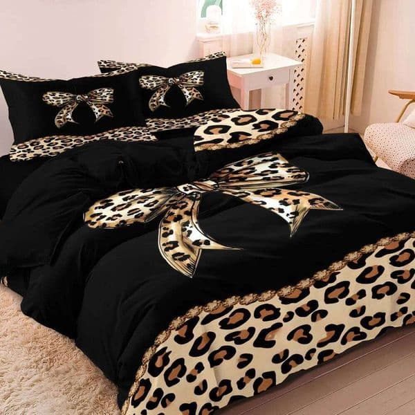 3pcs Bedding Set Featuring Simple Design with Large Bow And Leopard Digital Print Cover Not Include Duvet Or Pillows 26L0518