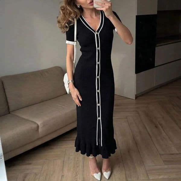 Elegant Vneck Hight Waist Slim Sweater Dress Women Casual Contrasting Colors Knit Long Fashion Button Ribbed Party 260519