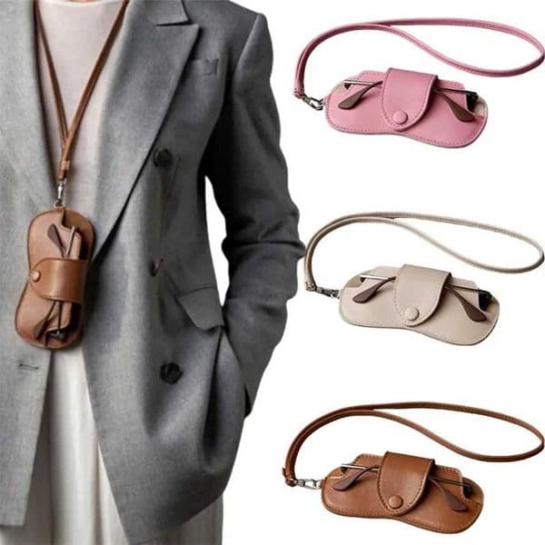 Portable Sunglasses Storage Bag Glasses Case Hanging Neck PU Leather Glasses Holder Protective Sve with Lanyard Pouch L260519