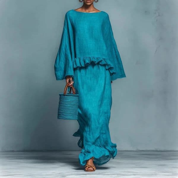 2026 European American Style Womens 2piece Outfit Long Sleeve Top Maxi Skirt Casual Solid Color Set 260519