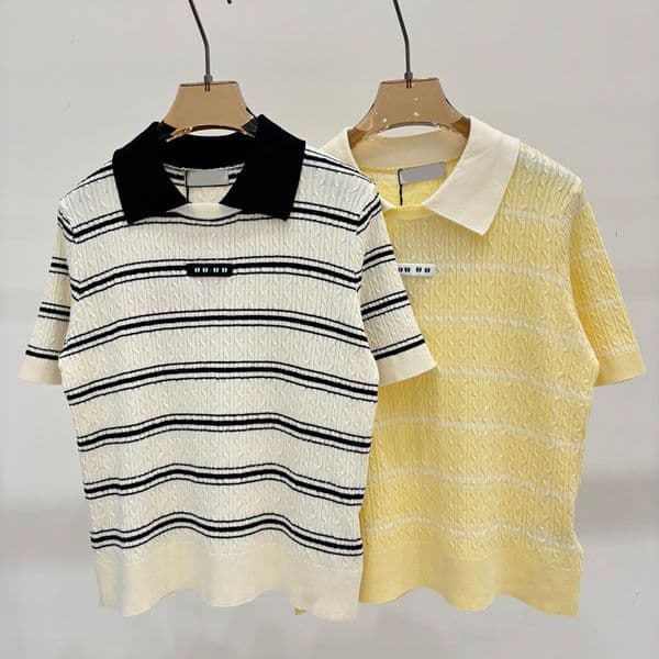 Designer Women Classic Knitted Tops Lapel Neck Stretch Short Sleeve Sweaters Summer Preppy Style Casual Daily t Shirts