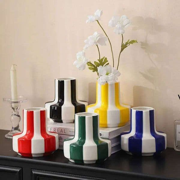European Ceramic Vertical Water-based Flower Arrangement Container Striped Floral Vase for Room and Dining Table 26W0519