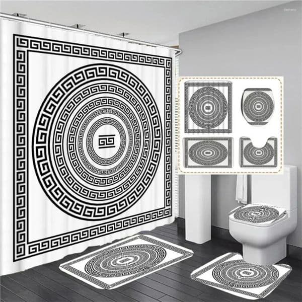 Designer Designer Ethnic Greek Style Bathroom Rugs Sets: Waterproof Shower Curtain With h Meander Border & Bath H Mat Set Free Shipping Shipping 1 020