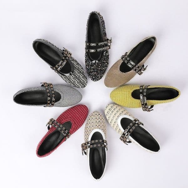 CH Luxury Designer Shoes Women's Mary Jane Ballet Flats - Round Toe Tweed/Patterned Flat Shoes with Adjustable Buckle Strap, Casual Dress Shoes Gift Plus Size 35-43