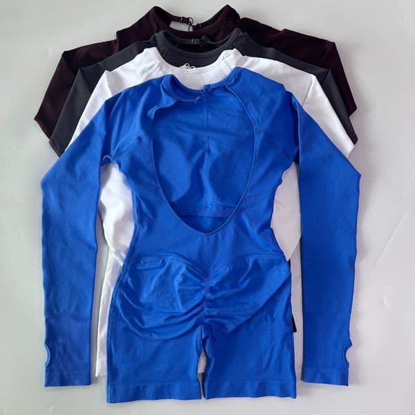 Long Sleeve One Piece Women Seamless Yoga Bodysuit Fitness Clothes Workout Shorts Romper Jumpsuit Backless Gym Set Sportswear
