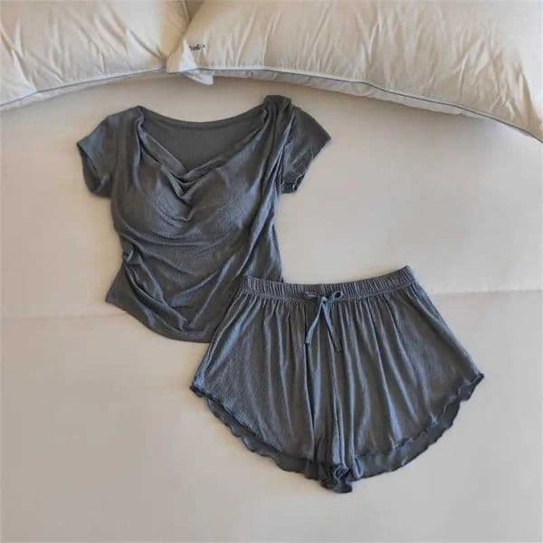 New Summer Women V-neck Casual Temperament Sleepwear Set Solid with Chest Pad Casual Comfortable Outer Wear Short Sleeve Shorts Z260519