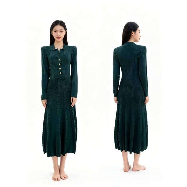 Autumn Winter New French Style Elegant Sleeve Model Change Turn-Down Collar - Long Green Knitted Dress Mdng260519