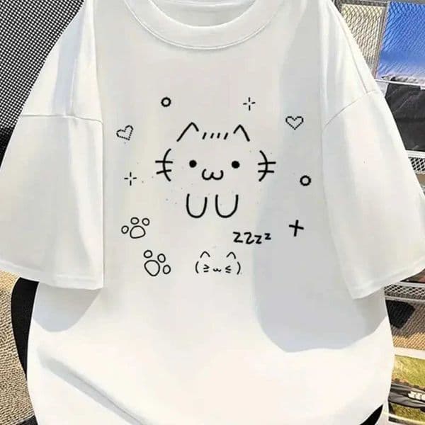 UU Cartoon Printed Fashion Pattern T-shirt Casual Short-sleeved White Cute Cat Summer Short Sleeved Harajuku Streetwear Tops Tee M260519