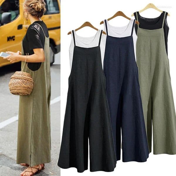 Women's Two Piece Pants Women Straps Jumpsuit Summer Solid Color Wide Leg Dungaree Bib Overalls Casual Loose Sleeveless Cotton Linen