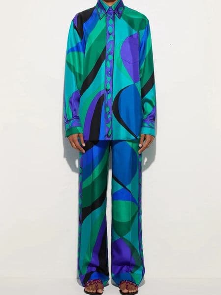 Designer's blue geometric print women's clothing, new style for summer 2026, small lapel long-sleeved design silk shirt + wide-leg pants