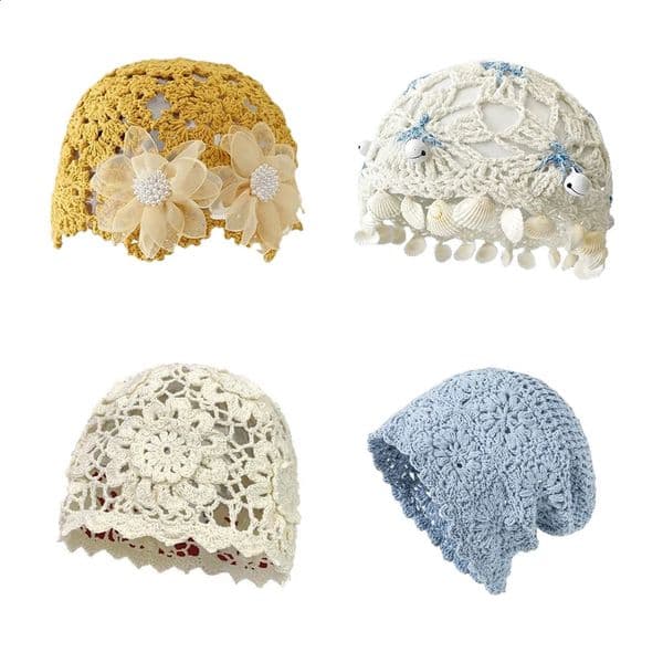 Spring Summer Handwoven Hollow Hooded Hat for Women Hook Flower Ethnic Style Tassel Strap Pullover Knitted Versatile 260518