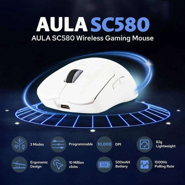 AULA SC580 Three mode Rechargeable Ergonomic BT Mouse with 10000 DPI - Electronic Sports Lightweight Office Gaming 26Y0519