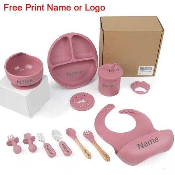 11Pcs Silicone Sets For Baby Personalized Name Children's Tableware Suction Cup Plates Bowl Spoon Feeding Cups BPA Free ddmythur