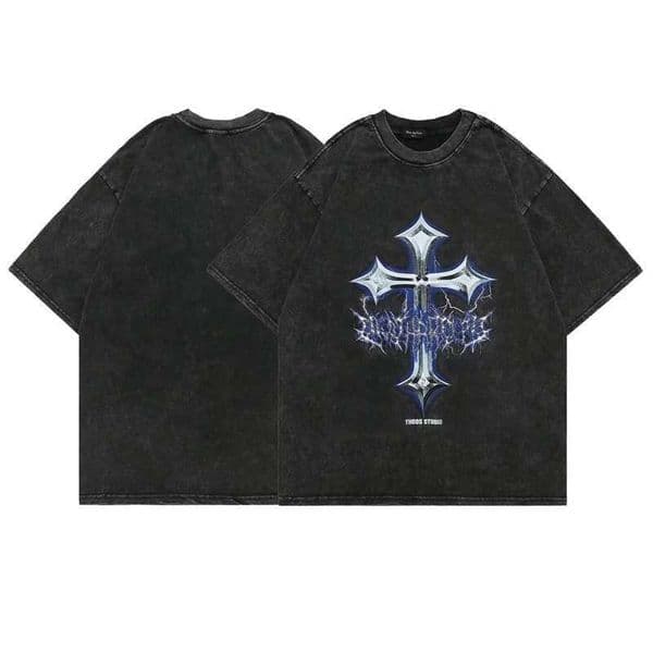 Casual Loose-Fitting American-Style Distressed Cross Print T-Shirt, Summer High Street Ins Trendy Brand, Washed Pure Cotton, Versatile Short Sleeve
