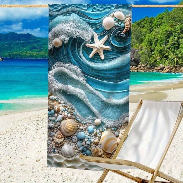 Ocean Waves Beach Towel - 3D Starfish & Seashell Print, Soft Microfiber Quick Dry Sand-Free for Travel Pool Summer 26Y0519