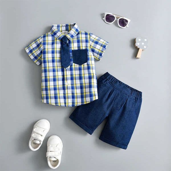 Childrens British Gentleman Plaid Two-Piece Suit for Boys Baby Boys Summer Short-Sleeve OutfitL260519KZTQ