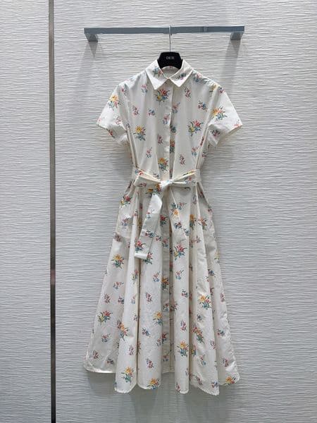 26 new short-sleeved floral-print dress with belt, large-sleeves, pure cotton, single-breasted, long-length dress