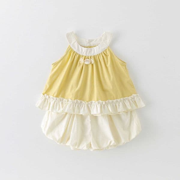 Girls Summer New Super Cute Short-Sleeve Outfit Girls Halter Neck Top Two-Piece Set Yellow Ruffle TrimL260519ZHOH