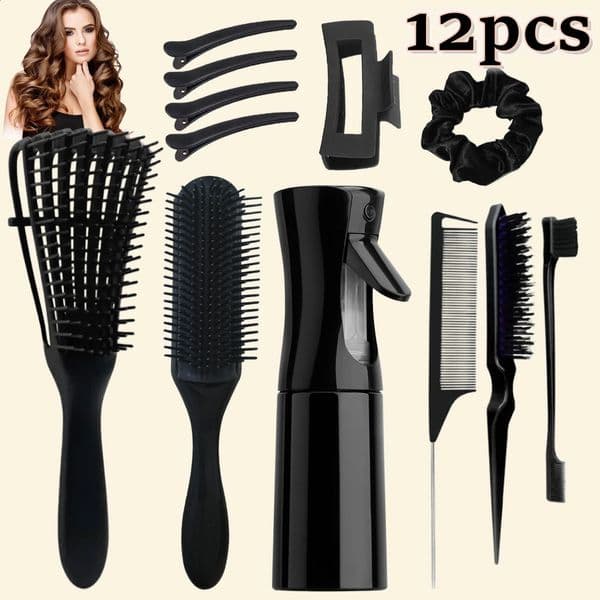 12pcs Detangling Brush Set 200ml Continuous Spray Bottle Premium Wide Tooth Comb Scalp Massager Shampoo with 260518