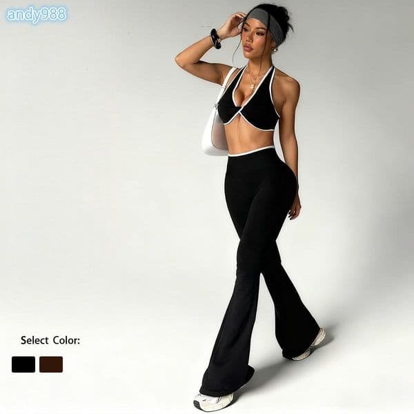 WOJIEER Women Contrast Color 2 Piece Compression Sportswear Fitness Seamless Tank Top Butt Lift Leggings Ladies Fitness Yoga Set