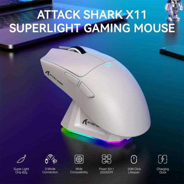 ATTACK SHARK X11 Lightweight Wireless Gaming Mouse with RGB Backlight Charging, Up to 22K DPI, PAW3311 Optical Sensor, HUYU Swit W260519