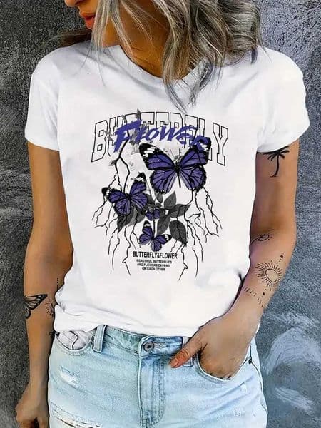 Hip Hop Blue Butterfly and Flower Print Short Sleeve Printed T Shirt Clothing Womens T-Shirt Clothing Womens Top Tee M260519