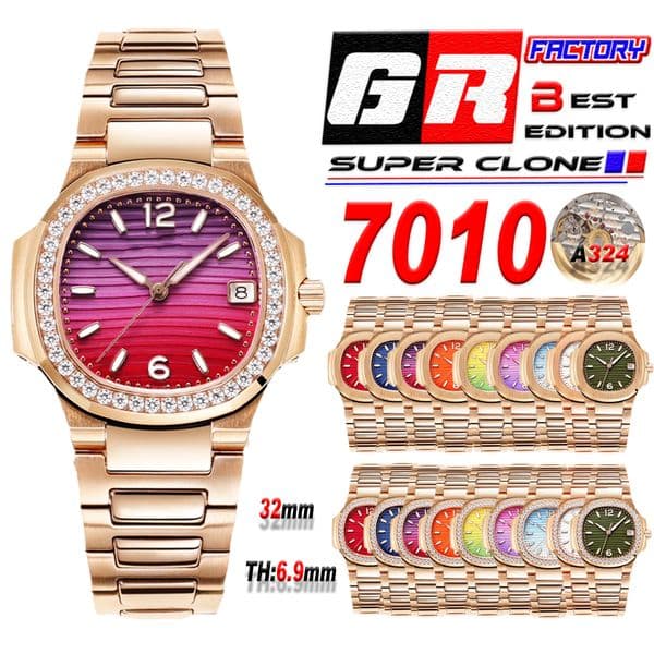 7010 Swiss Quartz Ladies Womens Watch GRF 32mm Rose Gold Diamonds Bezel Pureple Red Texture Stick Dial Stainless Steel Bracelet Puretimewatches Thickness 6.9mm