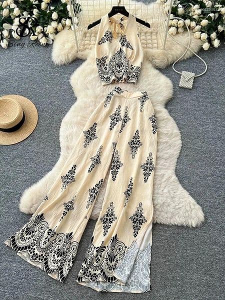 Women's Two Piece Pants SINGREINY Summer Vacation Sets Bohemian Female Backless Halter Lace Up Top Split Wide Leg Pant Print Loose Casual