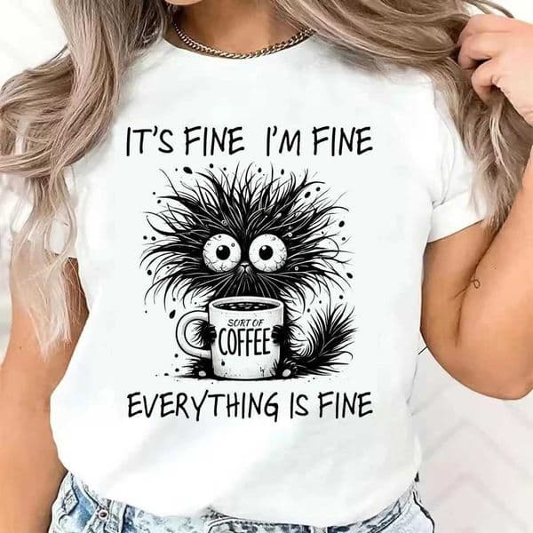 Funny Design T Shirt Short Sleeve T-Shirt Whimsical Cat and Coffee Graphic Print Womens T-Shirt Clothing Womens Top Tee M260519