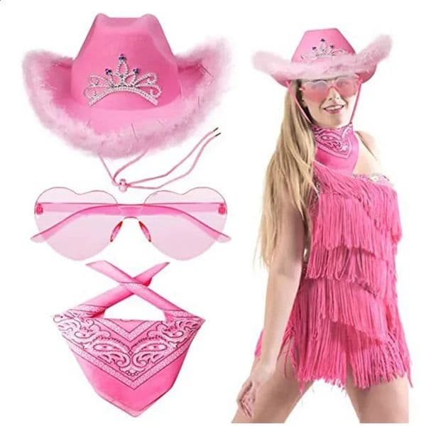 Halloween Women Western Pink Cowgirl Fluffy Cowboy Glitter Hat Carnival Costume Accessory for Party Wear Hat Set 260516