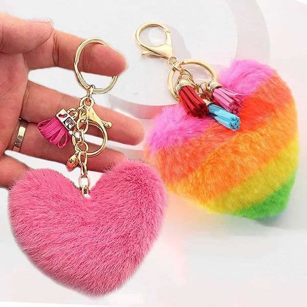 Colorful Heart Pompom Keychain Rainbow Plush Balls Pendant With Key Rings Tassel Winter Women Bag Charms Jewelry Gifts L2605183ON9