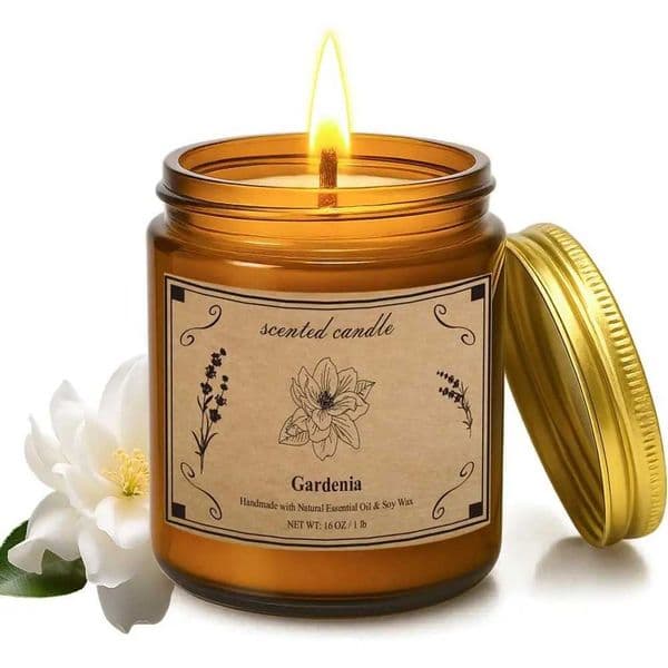 16oz Soy Wax Candle - 100-Hour Gardenia Scent Ideal Gift for Men Women in Amber JarJ260519
