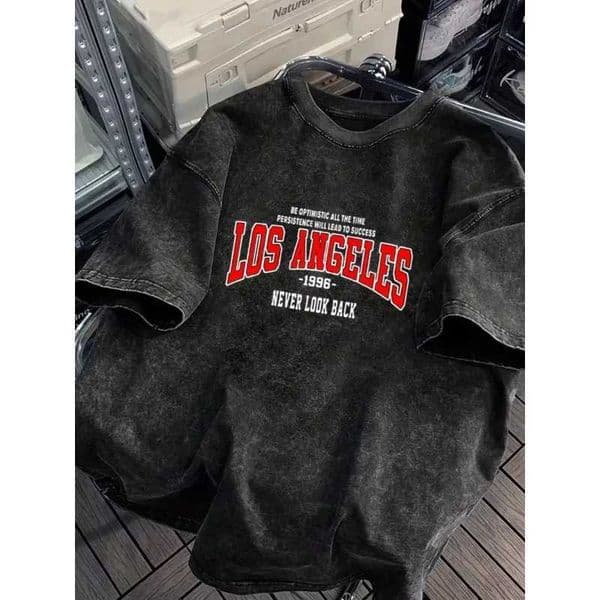 Los Angeles 1996 Vintage Graphic T-Shirt Washed Black Retro Letter Slogan Casual Crew Neck Short Sleeve Unisex Streetwear Tee C260519