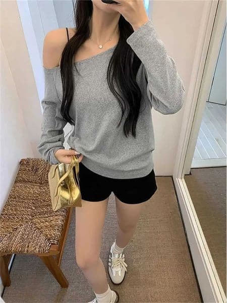 Y2K K-fashion Japanese T Shirt Woman Clothing Off-Shoulder Long Sleeves Tee Shirt Sexy Loose Tshirt Women Vintage Ladies Tops C260519