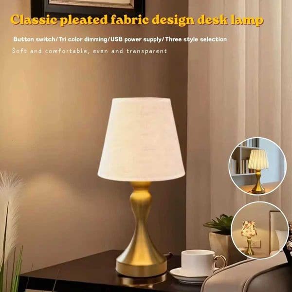 Nordic retro style desk lamp with fabric lampshade - USB powered dimmable night light perfect for bedroom study and home deco M260519