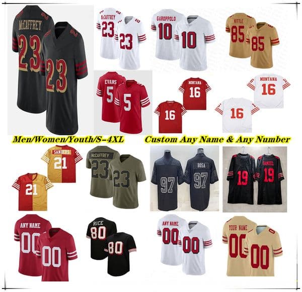 American Football 49ersS Jersey Brock Purdy Christian McCaffrey Mike Evans Brandon Aiyuk George Kittle Nick Bosa Fred Warner Mykel Williams Jones Isaac Guerendo 4X