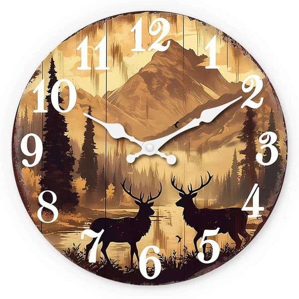Forest-Themed Elk Wooden Wall Clock, 10-16inch Round Silent Large Clocks, Aa Battery Powered, Suitable for Living Room, Bedroom, Office, Outdoor Decoration W260519