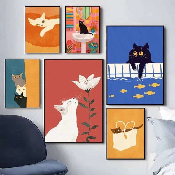 1pc Colorful Cute Cat in the Canvas Poster Waterproof Cafe Bar Fashion Room Decoration Wall Art posters unframe 26L0519