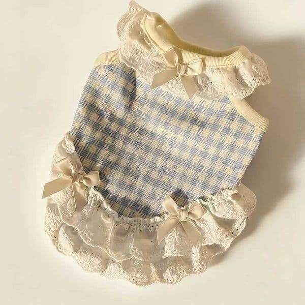 Cute Plaid Lace Pet Dress for Small Dogs Cats Bowknot Ruffle Skirt Puppy Kitten Outfit Summer Dog Cat ClothesR260519