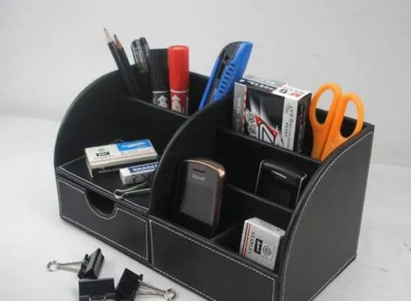 Bulk Office Supplies Wholesale 5-Slot Wood Leather Multi-Function Desk Stationery Organizer Pen Pencil Holder Storage Box Case Container Black school Free Del 3
