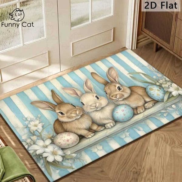 VIKAMA Easter Bunny Egg-Print Doormat Non-Slip Stain-Resistant Entrance Hallway Mat Indoor/Outdoor Patio Rug Home Decor L260519