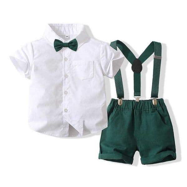 Boys Gentleman Formal Suit Summer New Korean Style Solid Color Short Sleeve Shirt with Suspender Shorts Two-Piece Performance OutfitL260519FW9B