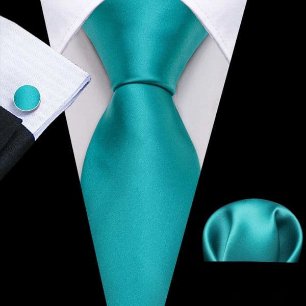 Turquoise Solid Silk Mens Tie Hanky Cufflinks Set Smooth Plain Satin Necktie For Male Wedding Business Events Gift BarryWang L260519