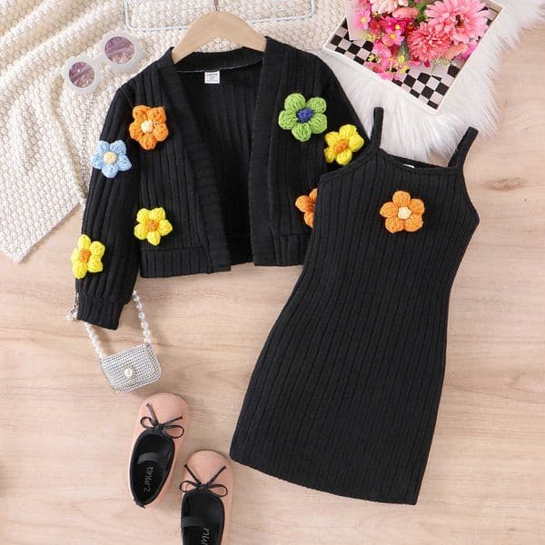 Spring and Autumn New Style Girls Colorful Floral Knit Jacket Slim Fit Strap Dress Two-Piece SetL260519OWKV