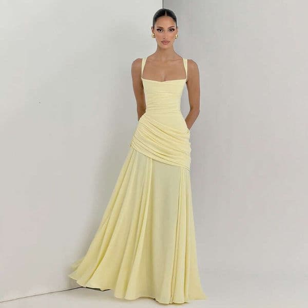 Style Women S Dress Elegant Solid Color Low Cut Long With Pleated Straps Waist Cinching And Backless Design Luanyun