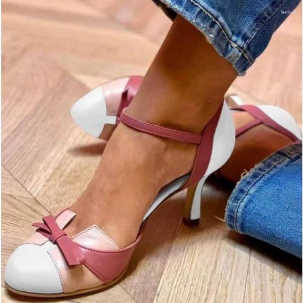 Sandals Style Sweet Female Pumps Round Toe Small Heels 6cm Buckle Strap Bowknot Mixed Color Plus Size 34-43 Spring Dating Shoes