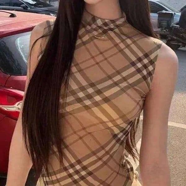 French Vintage Half High Collar Sleeveless Vest Women Summer New Style Slimming Plaid Top Fashionable Trendy Outwear Elastic Yoga Knitted Tanks