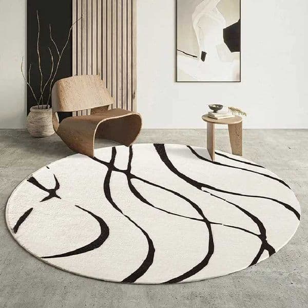 Round Living Room Large Area Carpet Black White Minimalist Bedroom Bedside Carpet Striped Study Rug Comfortable Soft Balcony RugJ260519